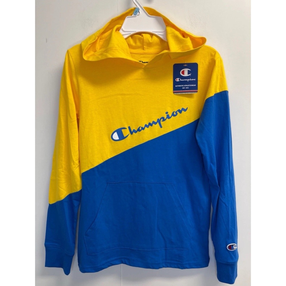 Champion Boys‎ Size M Angle Hooded Long Sleeve T-Shirt Color block Yellow/Blue